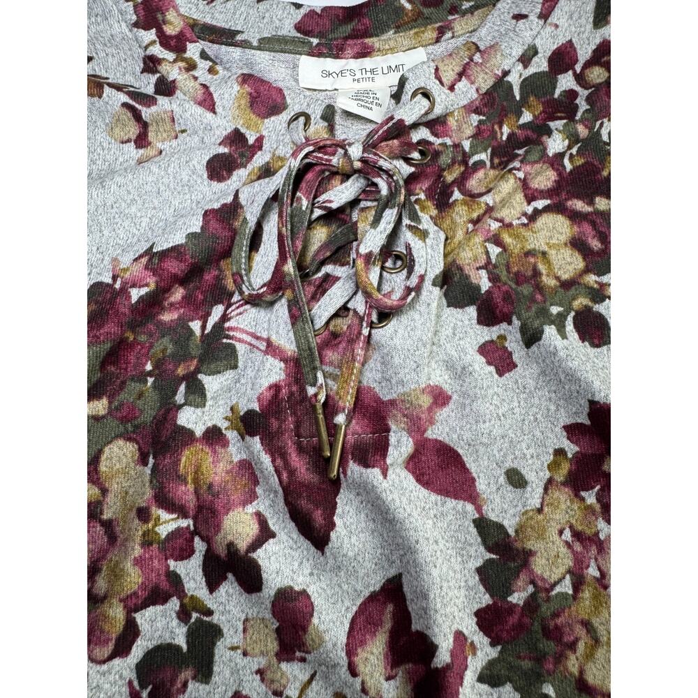 Skye’s The Limit Petite Floral Top Womens PXL Lace Up Long Sleeve Knit Blouse - Picture 3 of 8